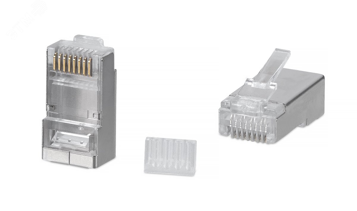 Изображение товара Коннектор RJ-45 под витую пару, категория 6, экр анированный, универсальный (для одножильного и многожильного кабеля), для проводников с толщиной по изоляции до 1,05 мм, со вставкой (шт)