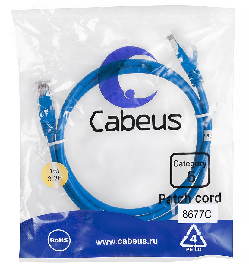 Патч-корд U/UTP, категория 6, 2xRJ45/8p8c, неэкранированный, синий, PVC, 1м PC-UTP-RJ45-Cat.6-1m-BL Cabeus