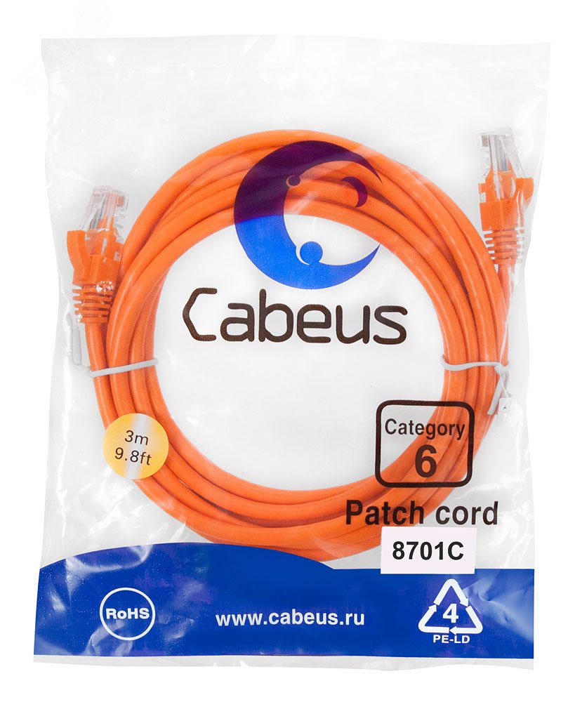 Патч-корд U/UTP, категория 6, 2xRJ45/8p8c, неэкранированный, оранжевый, PVC, 3м PC-UTP-RJ45-Cat.6-3m-OR Cabeus