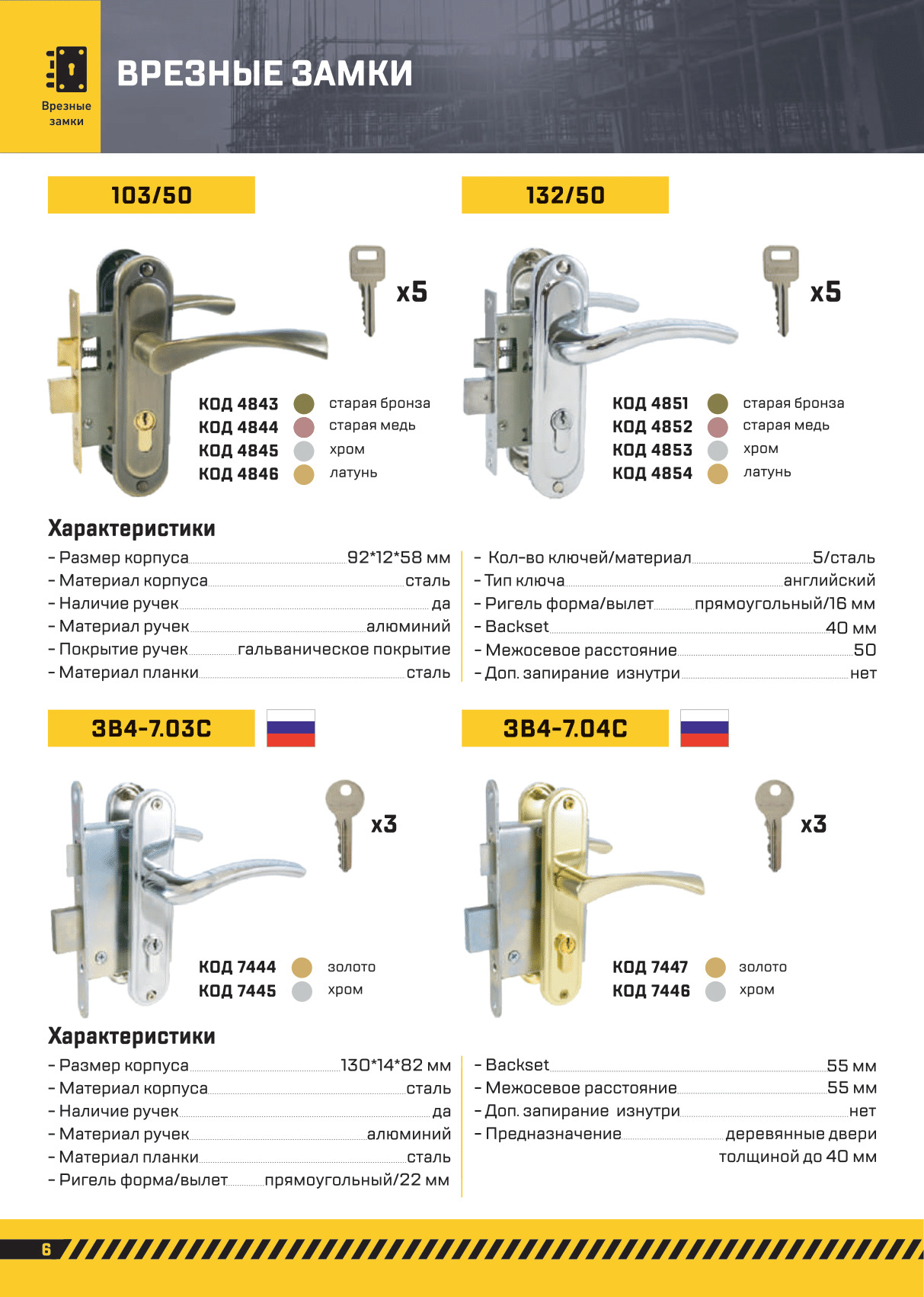 Замок врезной межосевое расстояние 50 мм