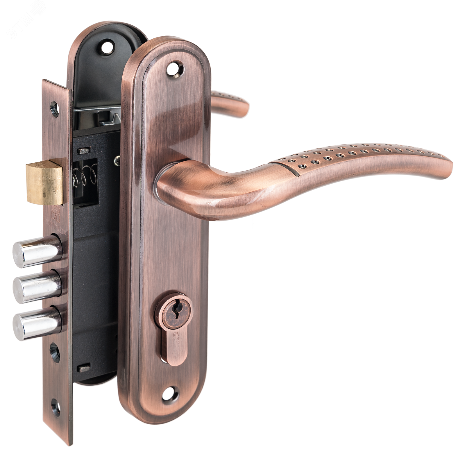 Изображение товара Замок врезной цилиндровый с ручками для деревянных дверей, АЛЛЮР 132/3-61А(1232) AC старая медь (шт)