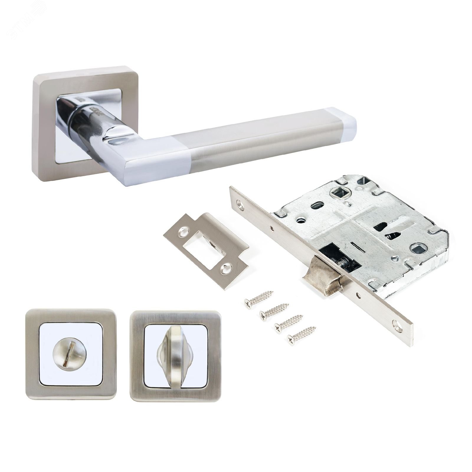 Изображение товара Комплект ручек и защелка АЛЛЮР АРТ ВЕНСАН SN/CP+L7050S SN+BK-S1 хром