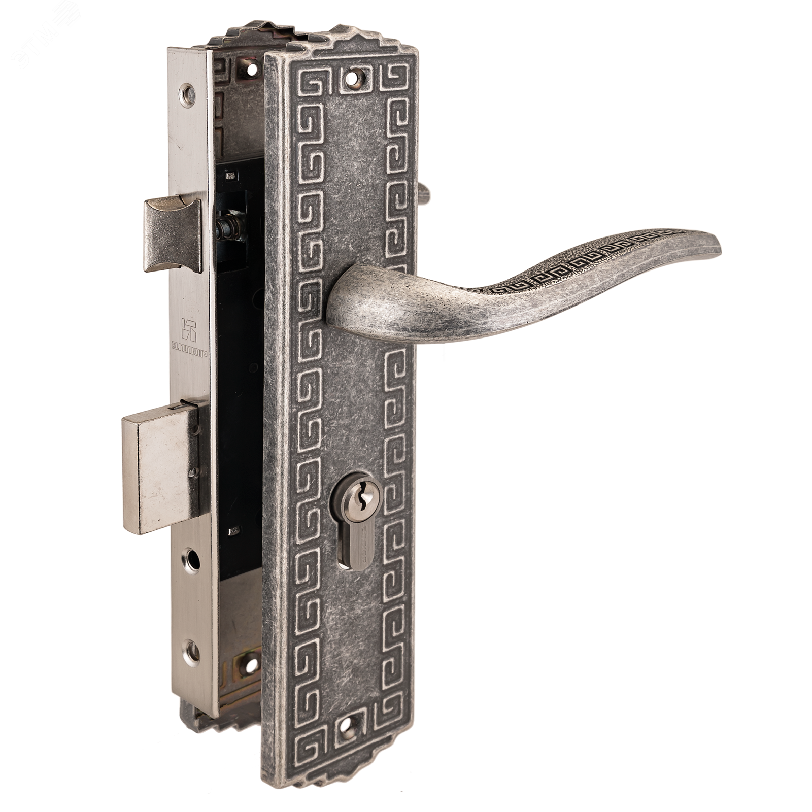 Изображение товара Замок врезной цилиндровый с ручками для деревянных дверей АЛЛЮР АРТ ЗВ4-70.06 AS состаренное серебро (шт)