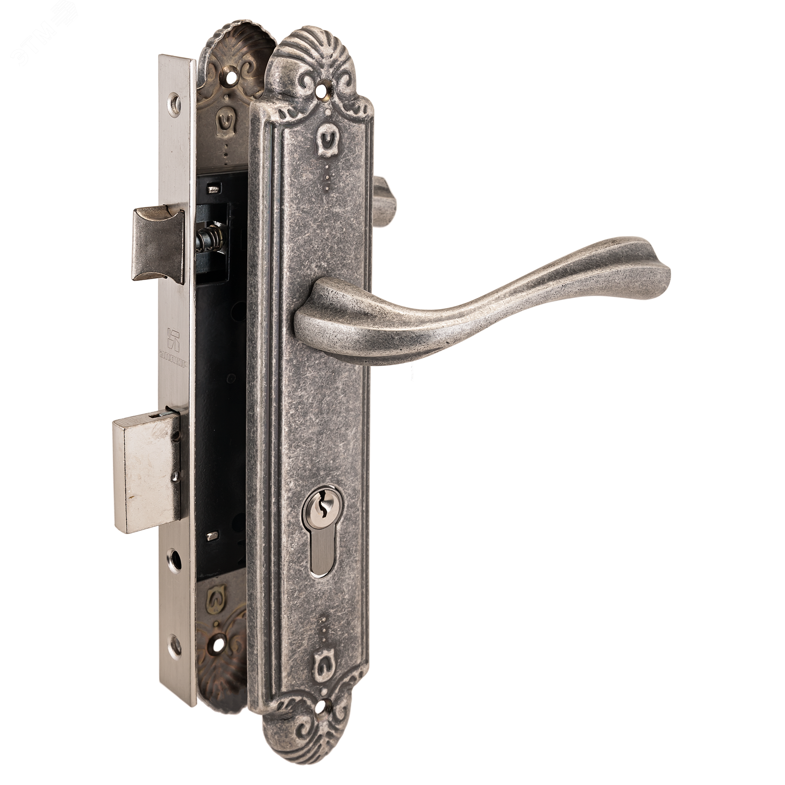 Изображение товара Замок врезной цилиндровый с ручками для деревянных дверей АЛЛЮР АРТ ЗВ4-70.07 AS состаренное серебро (шт)