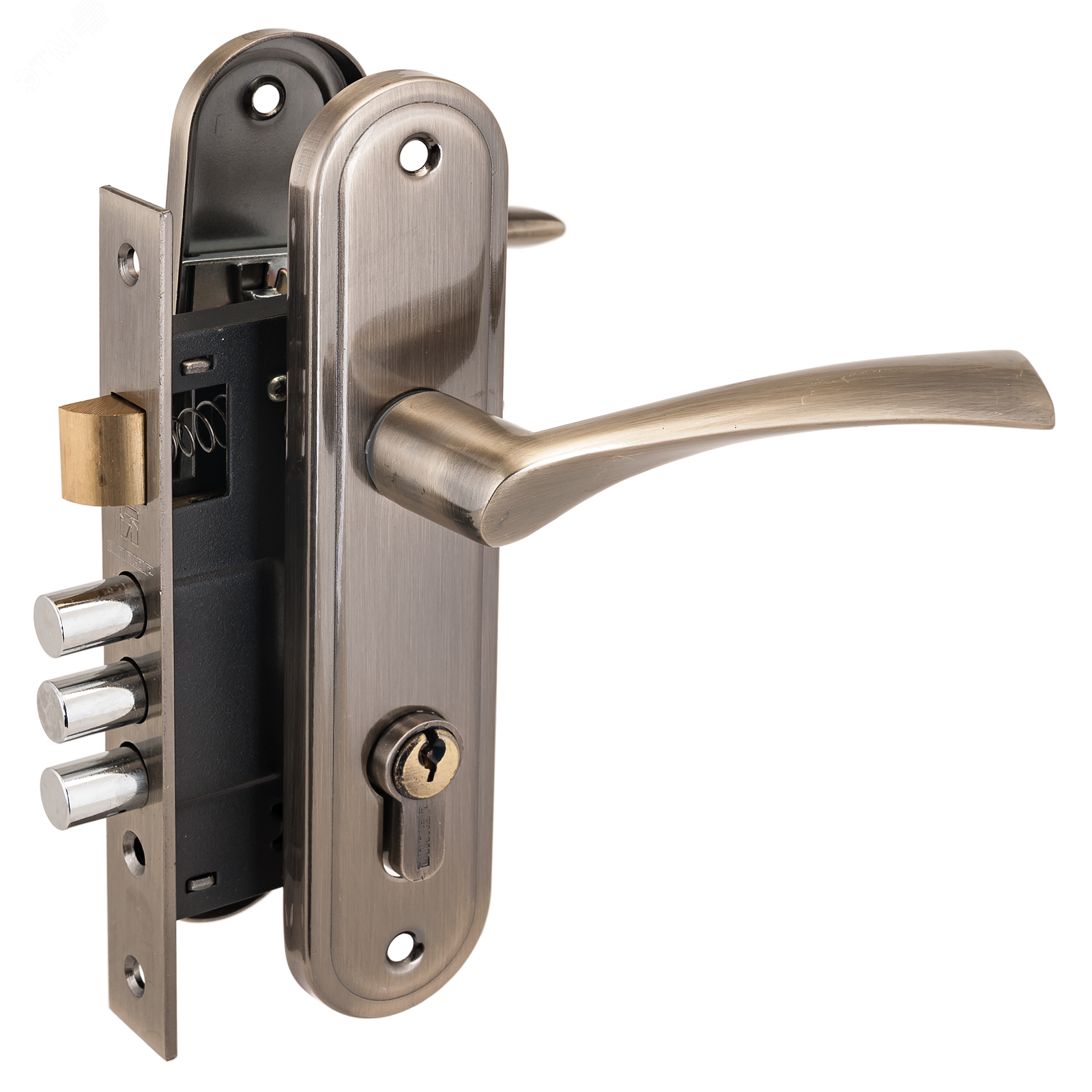 Изображение товара Замок врезной цилиндровый с ручками для деревянных дверей, АЛЛЮР 103/3-61А(1203) AB старая бронза (шт)