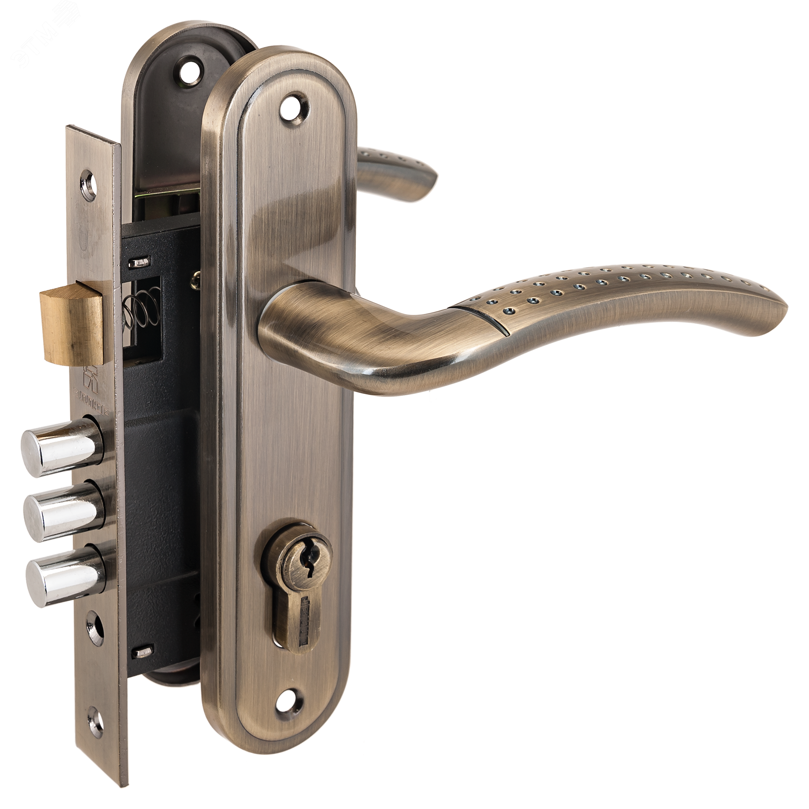 Изображение товара Замок врезной цилиндровый с ручками для деревянных дверей, АЛЛЮР 132/3-61А(1232) AB старая бронза (шт)