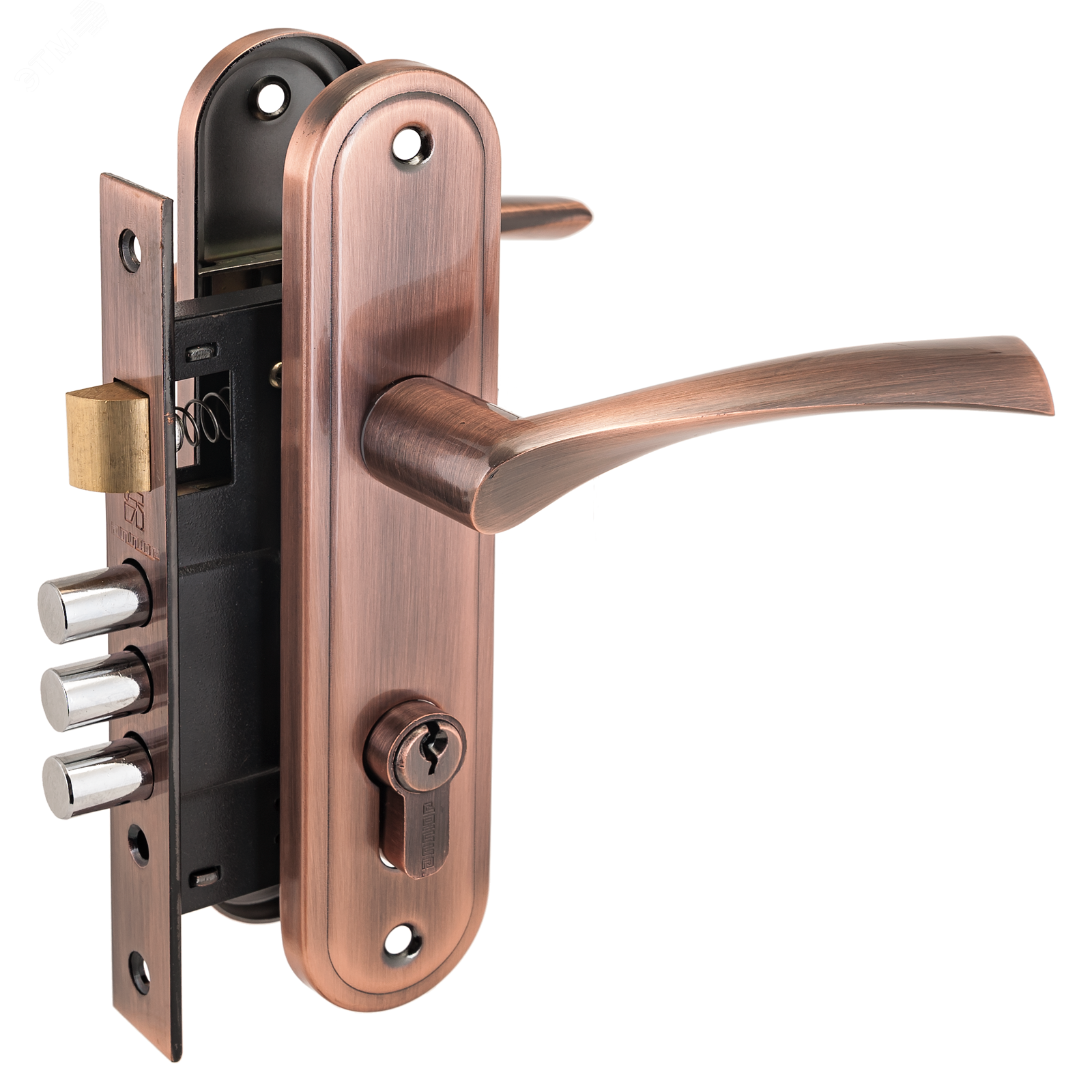 Изображение товара Замок врезной цилиндровый с ручками для деревянных дверей, АЛЛЮР 103/3-61А(1203) AC старая медь (шт)