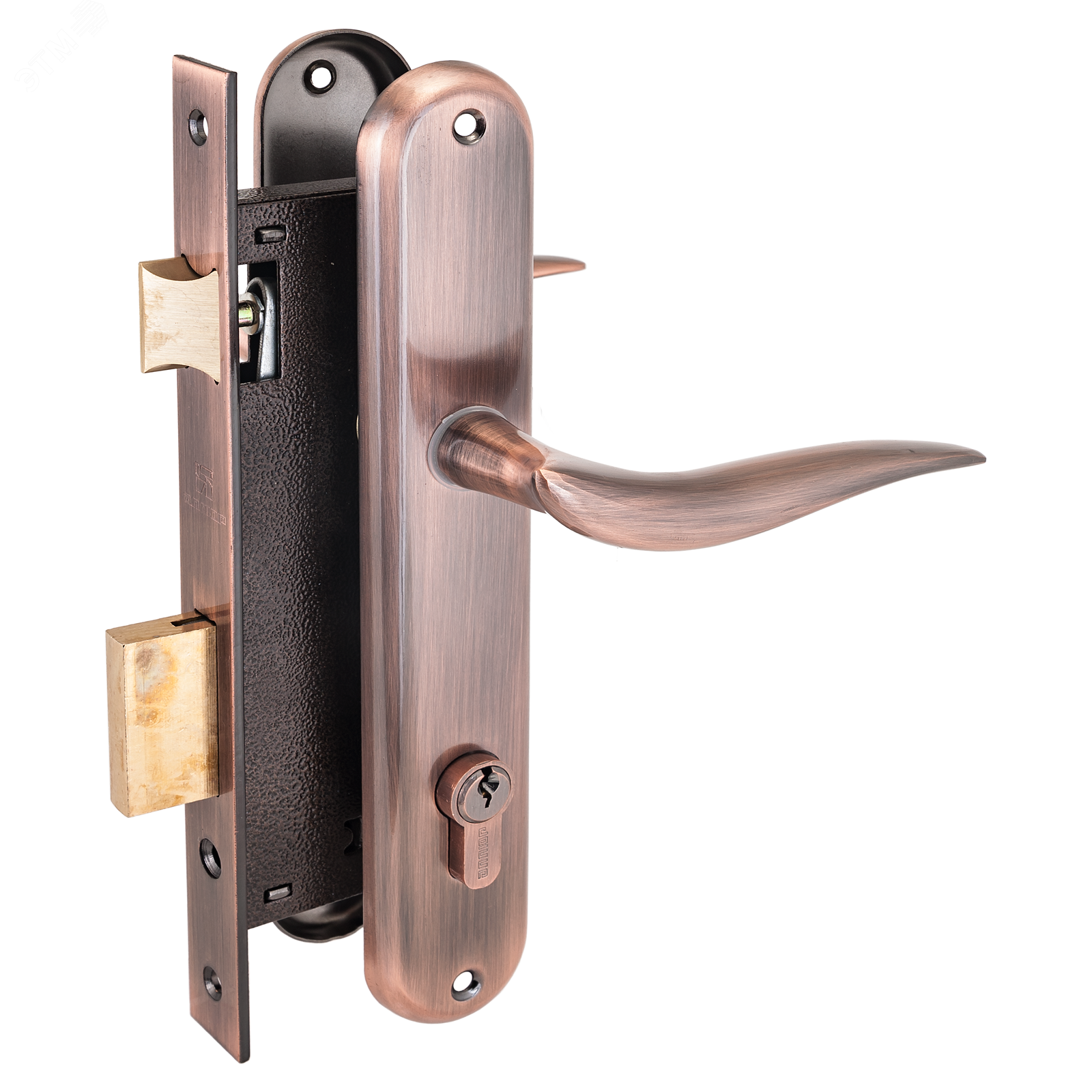 Изображение товара Замок врезной цилиндровый с ручками для деревянных дверей, АЛЛЮР 0205 AC старая медь (шт)