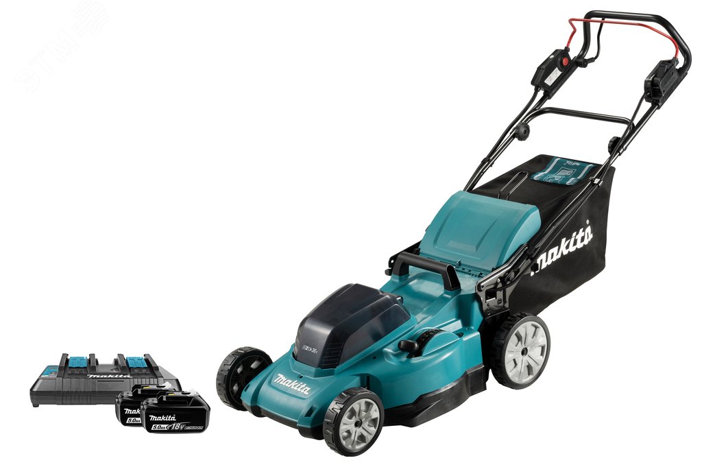 Изображение товара Газонокосилка аккумуляторная LXT 2х18В, 860Вт, 48см, 62л 2,5-5км/ч,4в1,XPT, в комплекте (2xBL1850B, (шт)