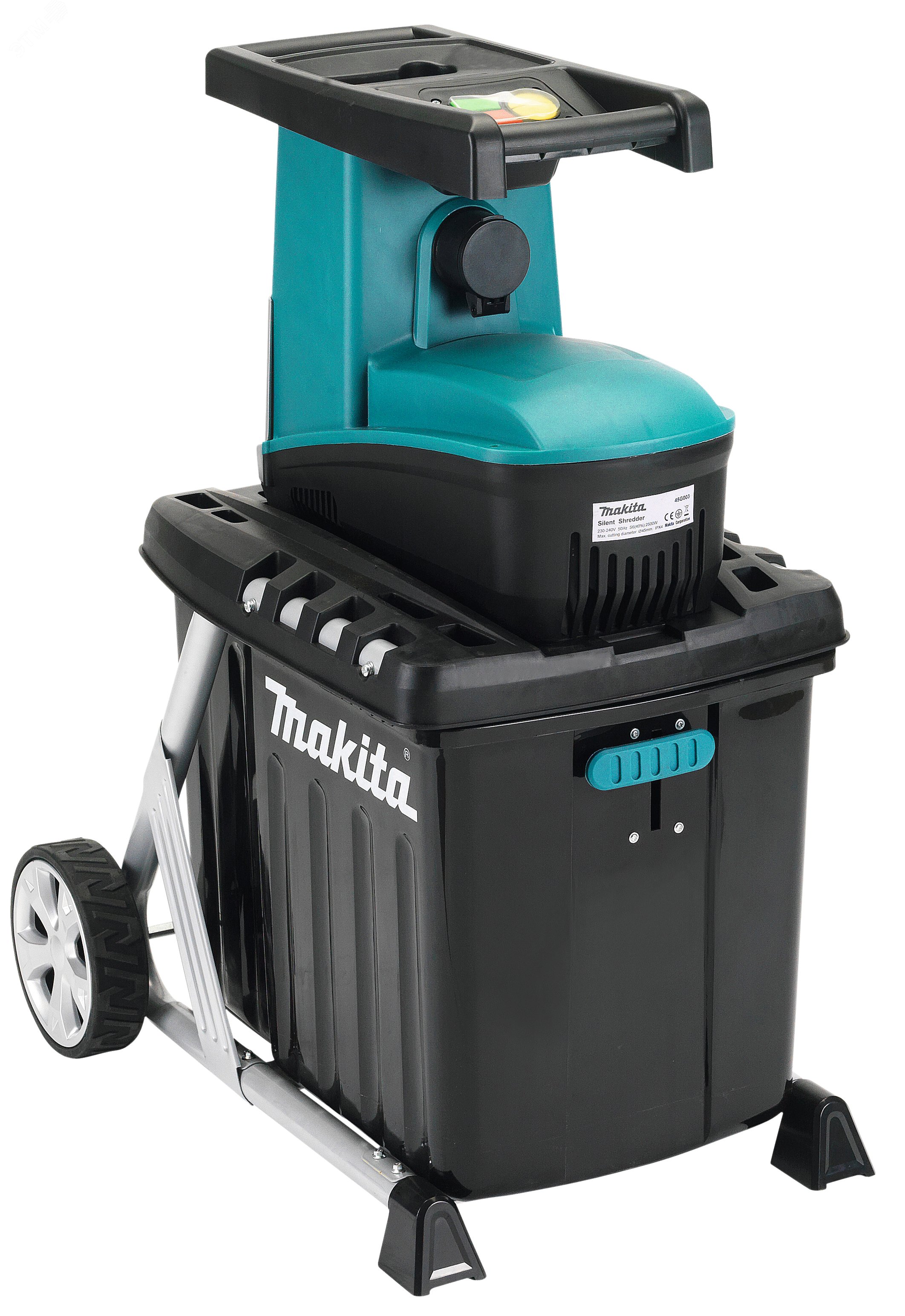 Изображение товара Электрический измельчитель Makita 2500 Вт для веток до 45 мм с мусоросборником и колесами
