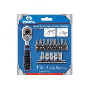 Изображение товара Набор вставок (бит) и головок с трещоткой 1/4', TORX, HEX, PH, 15 предметов (шт)