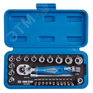 Изображение товара Набор торцевых головок с принадлежностями 1/4', шестигранные, 4-14 мм, 27 предметов (шт)