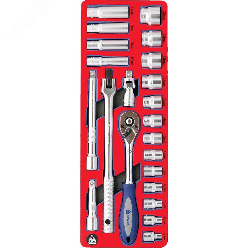 Изображение товара Набор торцевых головок 3/8 с принадлежностями 22 предмета Мастак