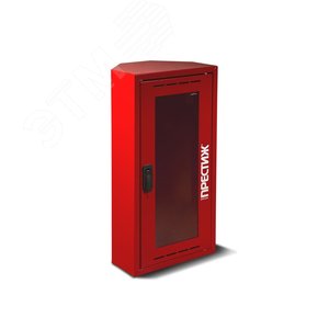 Шкаф пожарный для огнетушителя навесной с окном угловой Престиж 320х230х650 красный