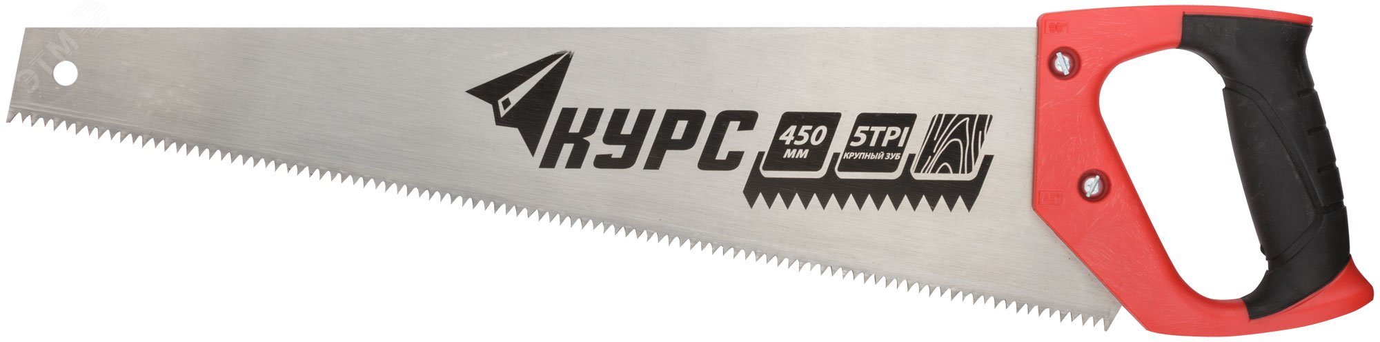 Ножовка по дереву универсальная, шаг 4.5 мм, пластиковая прорезиненная ручка 450 мм 40352 КУРС РОС - превью