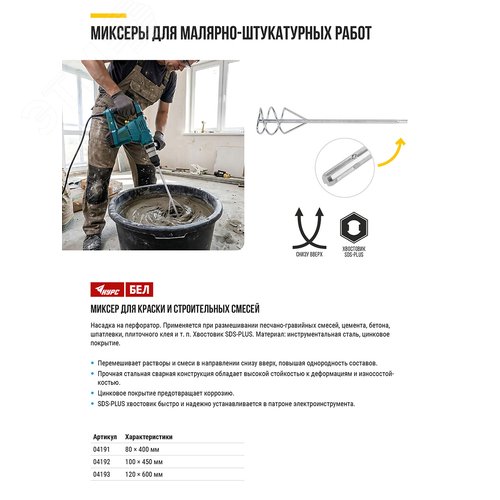 Миксер для строительных смесей оцинкованный, хвостовик SDS-PLUS 100х450 мм - фото 4