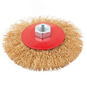 Изображение товара Корщетка-колесо с наклоном, гайка М14, стальная волнистая латунированная проволока 100 мм (шт)