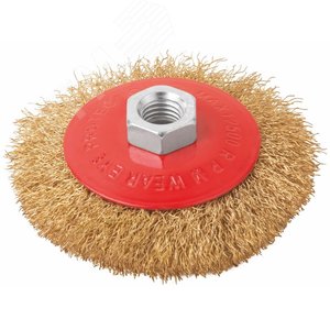 Изображение товара Корщетка-колесо с наклоном, гайка М14, стальная латунированная волнистая проволока 115 мм, блистер (шт)