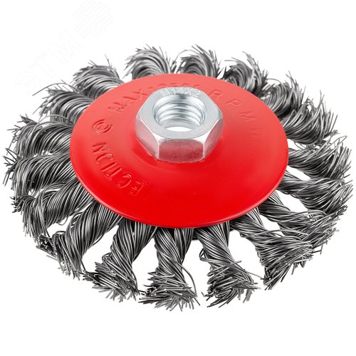 Корщетка-колесо с наклоном, гайка М14, стальная витая проволока 100 мм, блистер - фото 1