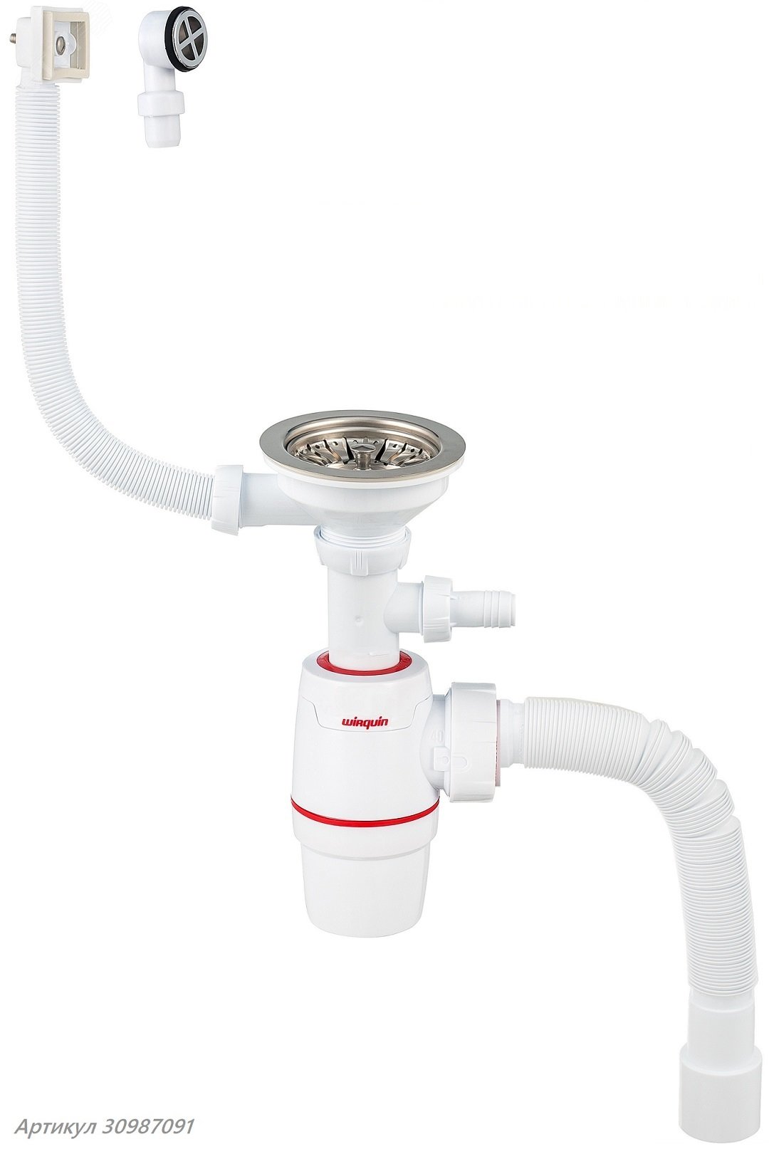 Изображение товара Сифон NEO для мойки с нерж чашкой D114 мм с отводом для стиральной или посудомоечной машинs с круглым и квадратным переливами и с гофротрубой L800 мм (3'1/2- D40/50) (шт)