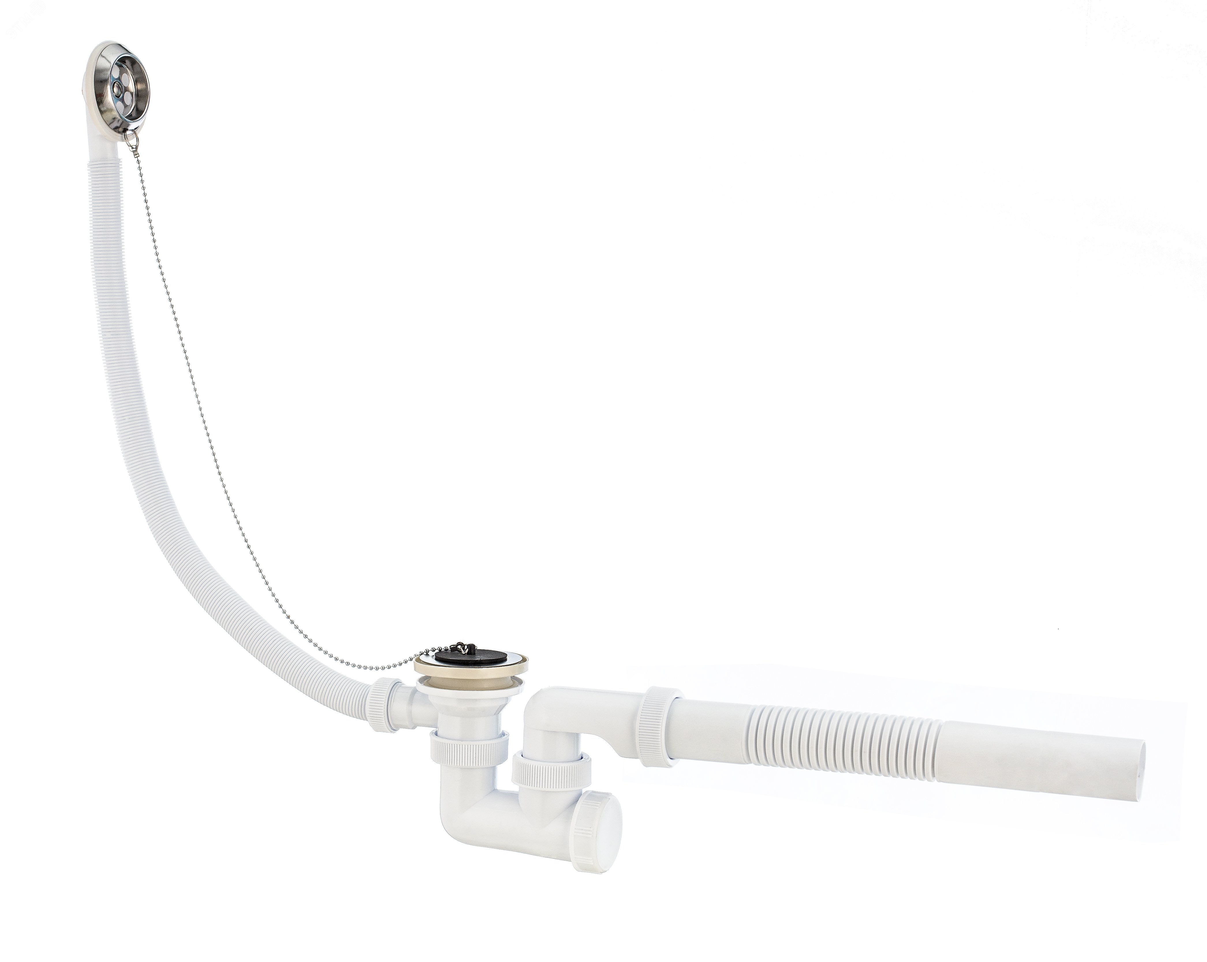 Изображение товара Сифон Универсал для ванн с нержавеющими чашками и жесткой трубой, перелив 70 см