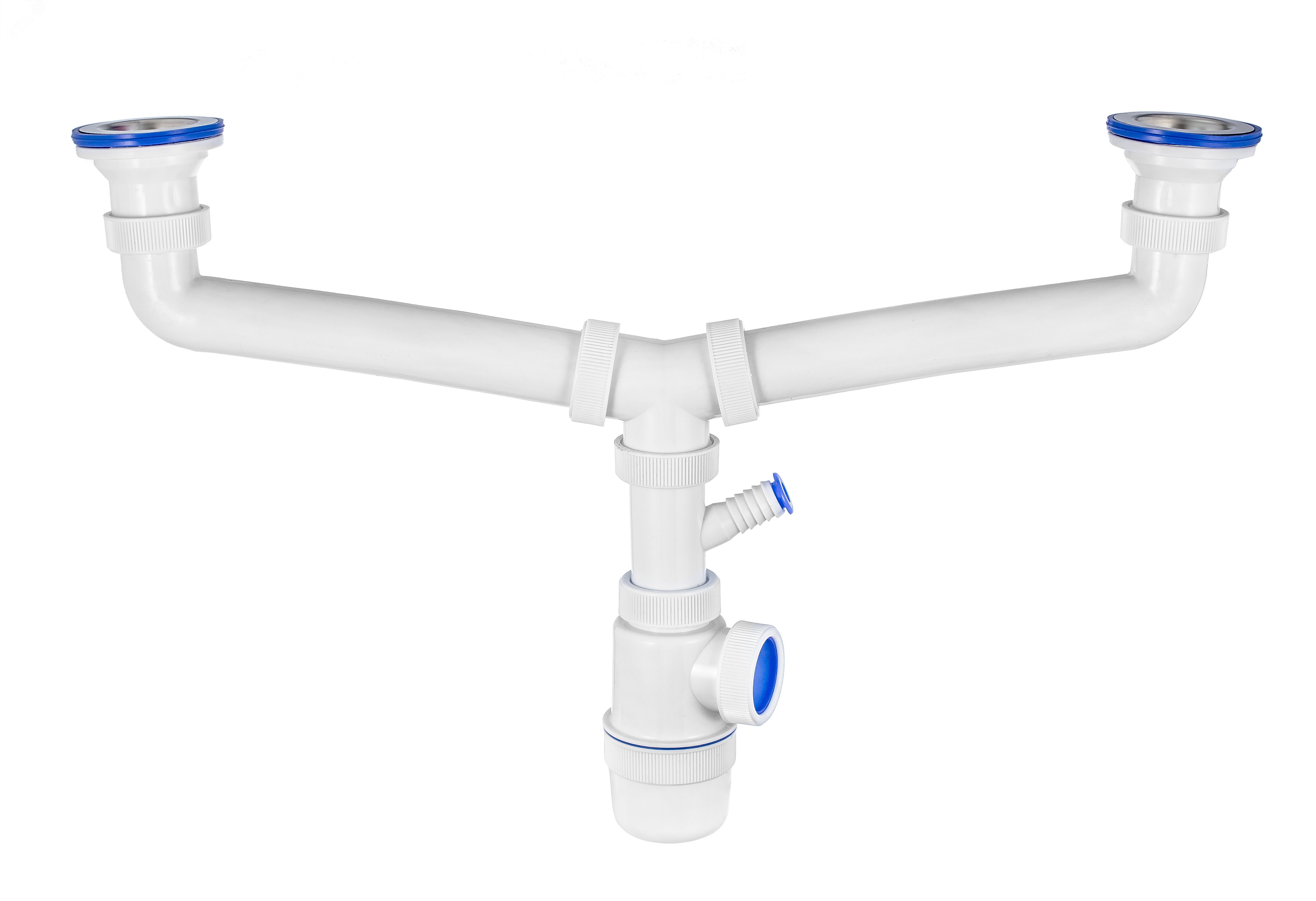 Изображение товара Сифон ЭЛИТ для двойной мойки с нержавеющими чашками D70 мм и отводом для машины