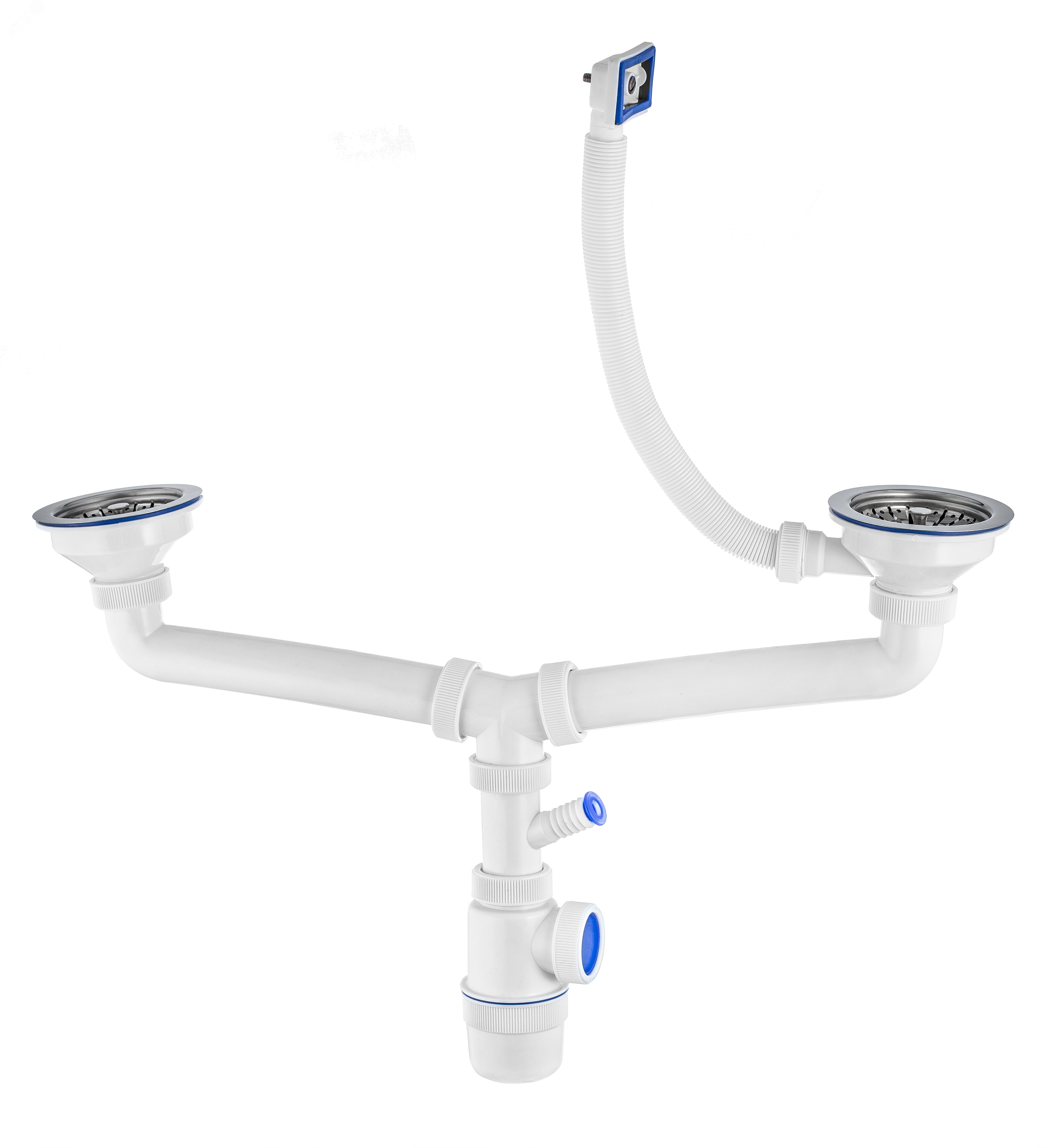 Изображение товара Сифон ЭЛИТ для двойной мойки с нержавеющими чашками D114 мм с отводом для стиральной или посудомоечной машины и с переливом 3'1/2 - D40 (шт)