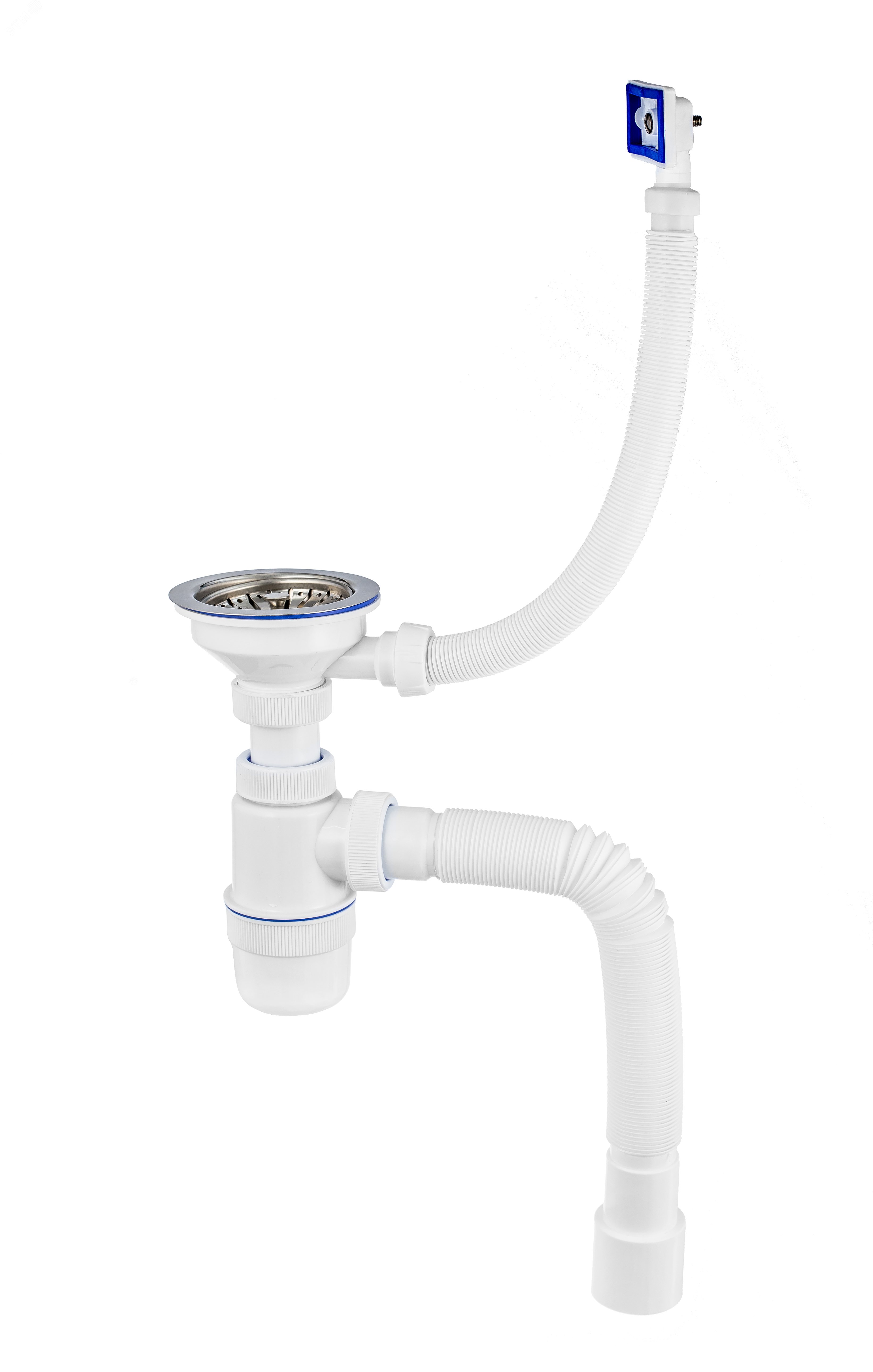 Изображение товара Сифон ЭЛИТ с нержавеющей чашкой D114 мм, перелив, гофротруба L800 мм, Россия