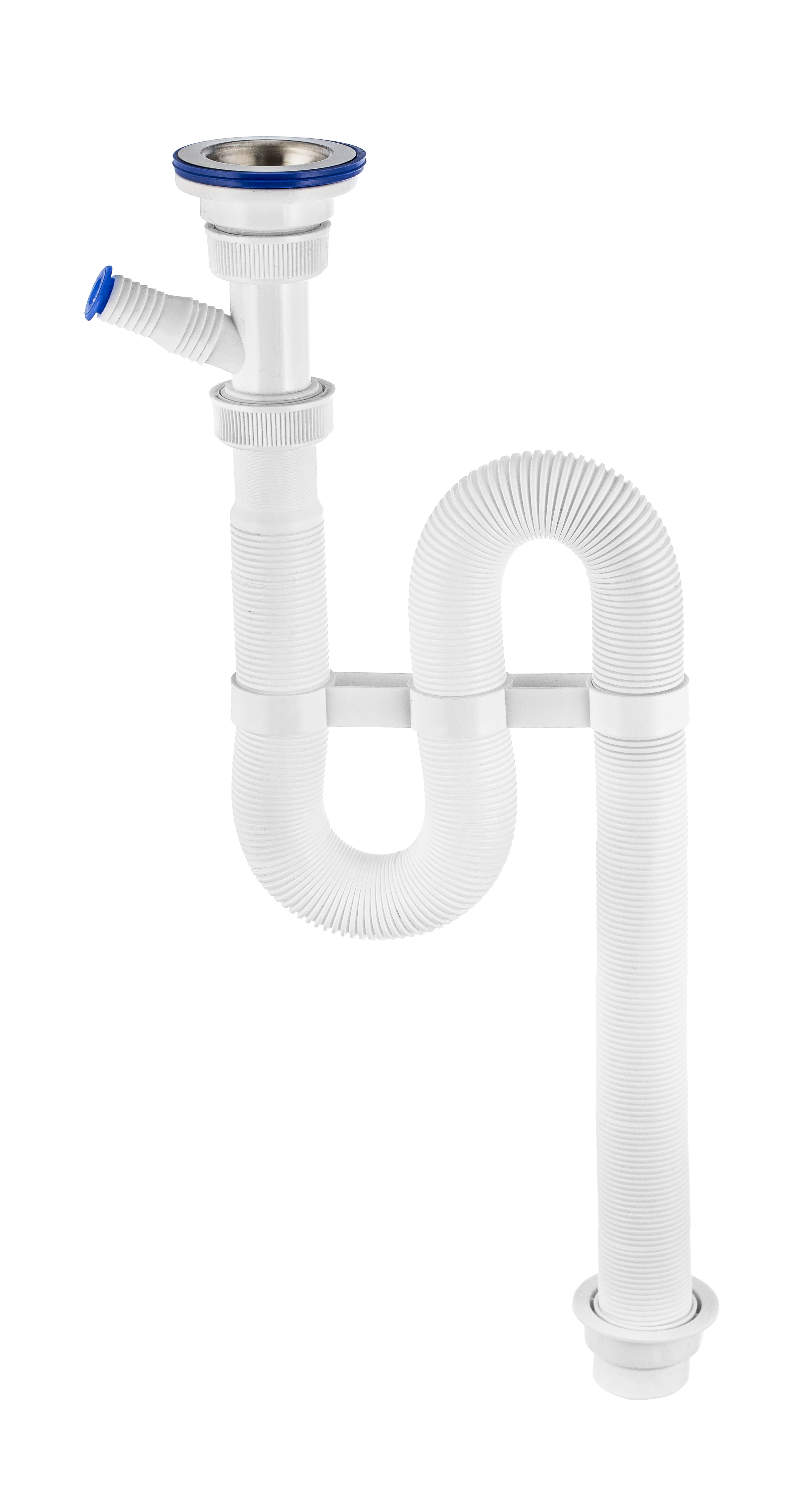 Cифон VIR гофрированный с отводом для стиральной или посудомоечной машины и c нержавеющей чашкой D70 мм 1'1/4 - D40/50