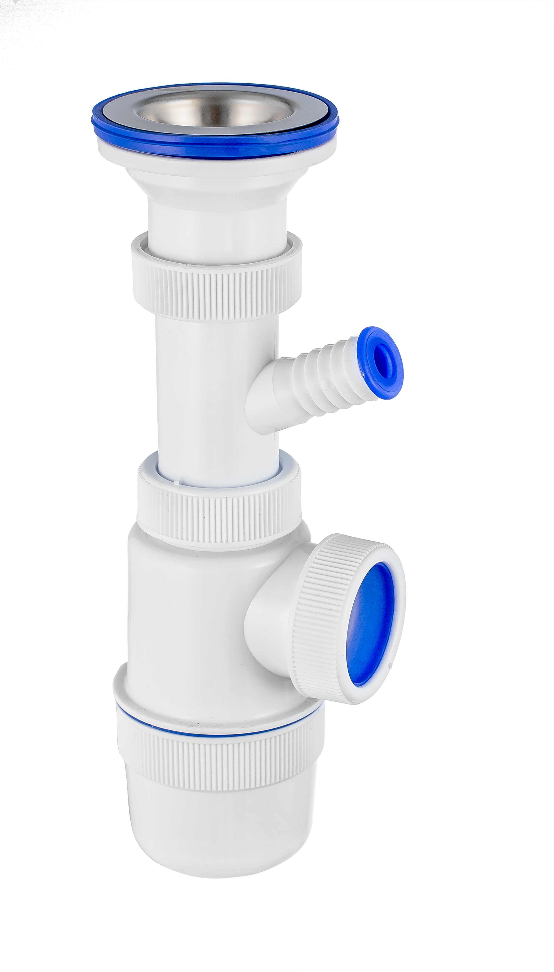 Сифон ЭЛИТ для моек и раковин 1'1/2X40 мм с нержавеющей чашкой 70 мм и отводом для стиральной и посудомоечной машины