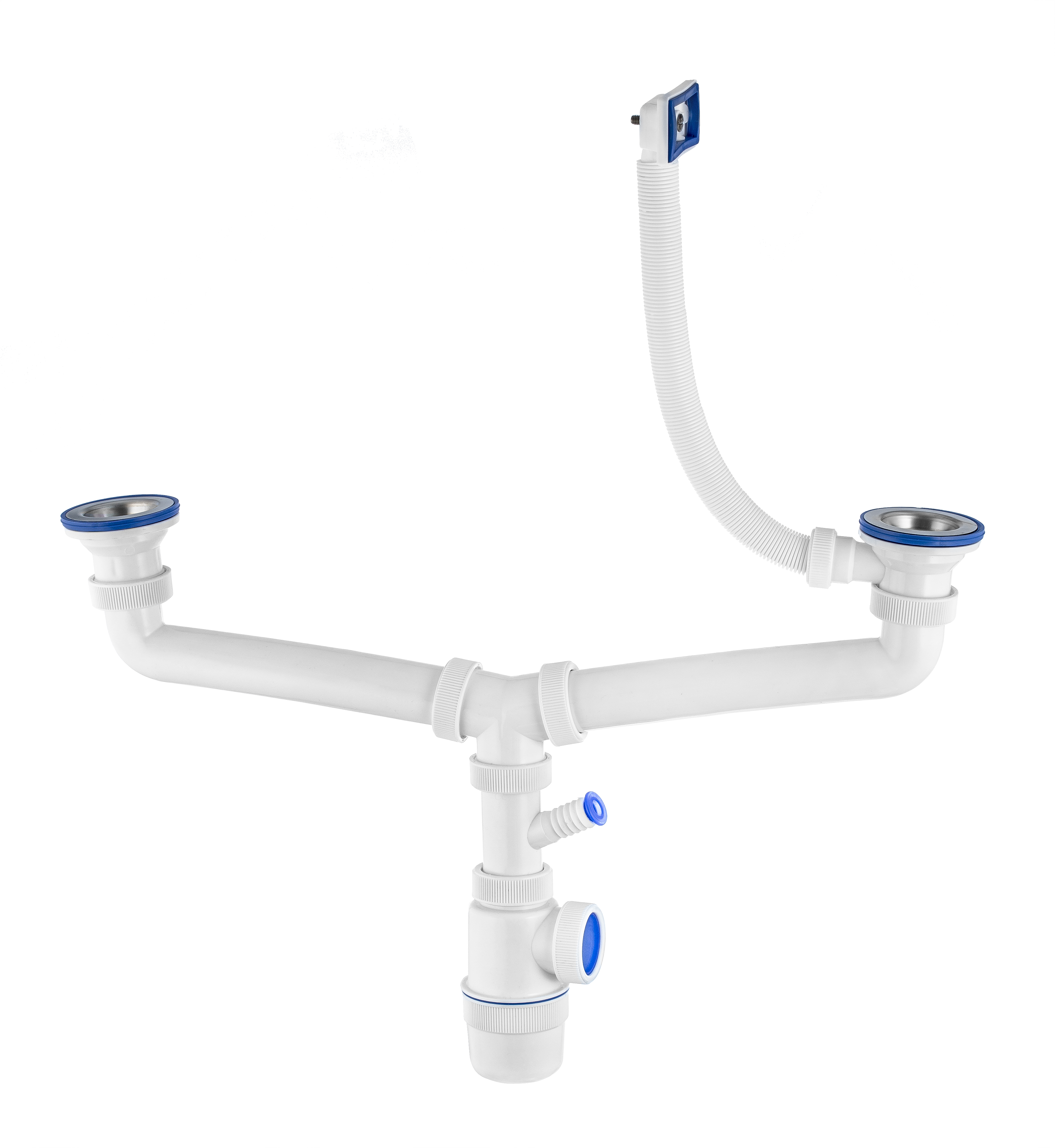 Сифон ЭЛИТ для двойной мойки с нержавеющими чашками D70 мм с отводом для стиральной или посудомоечной машины и с переливом 1'1/2 - D40