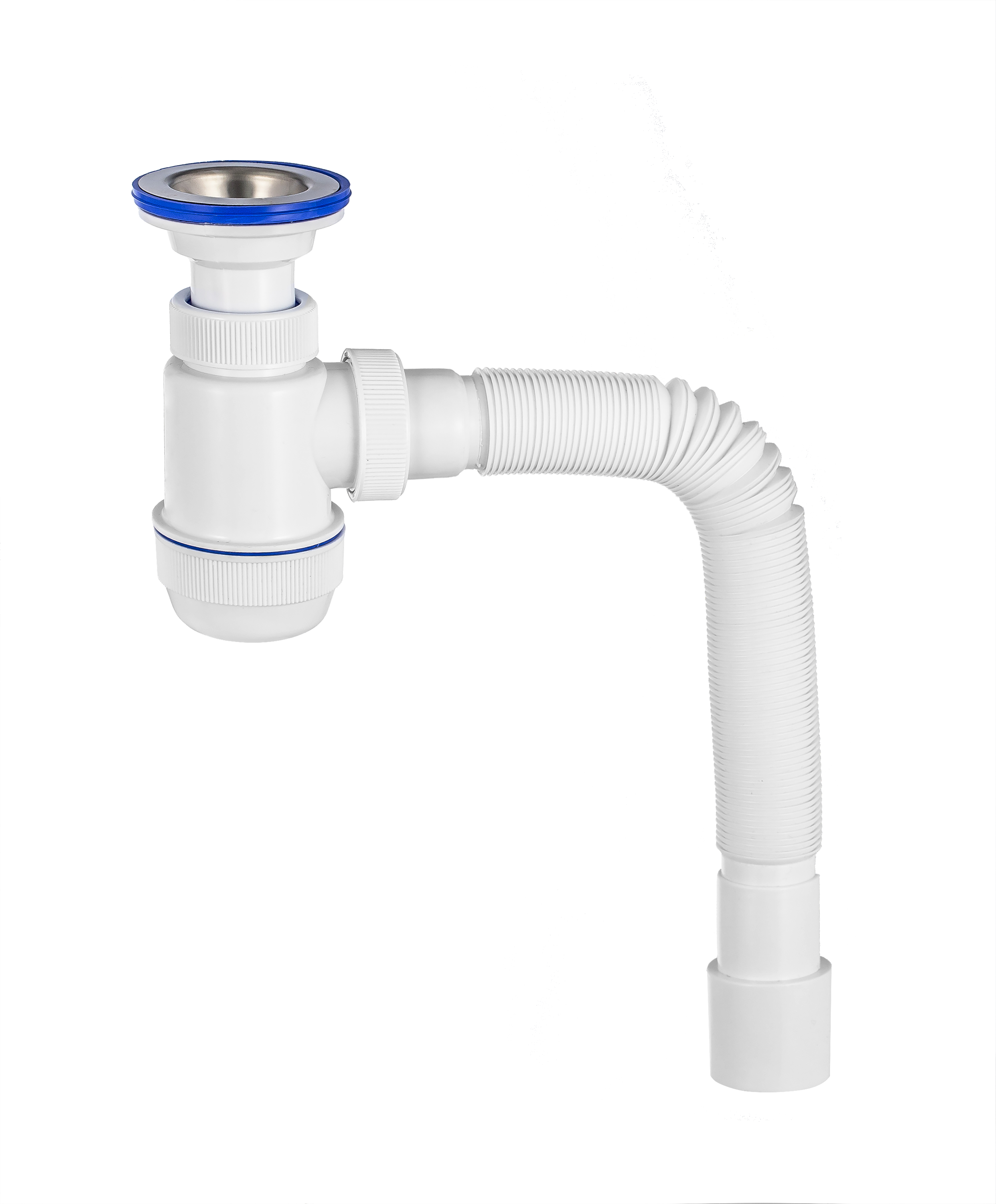 Сифон МИНИ ЭЛИТ для моек и раковин 1'1/2x40/50 мм с литым выпуском нержавеющей чашкой 70 мм и гофротрубой L800 мм