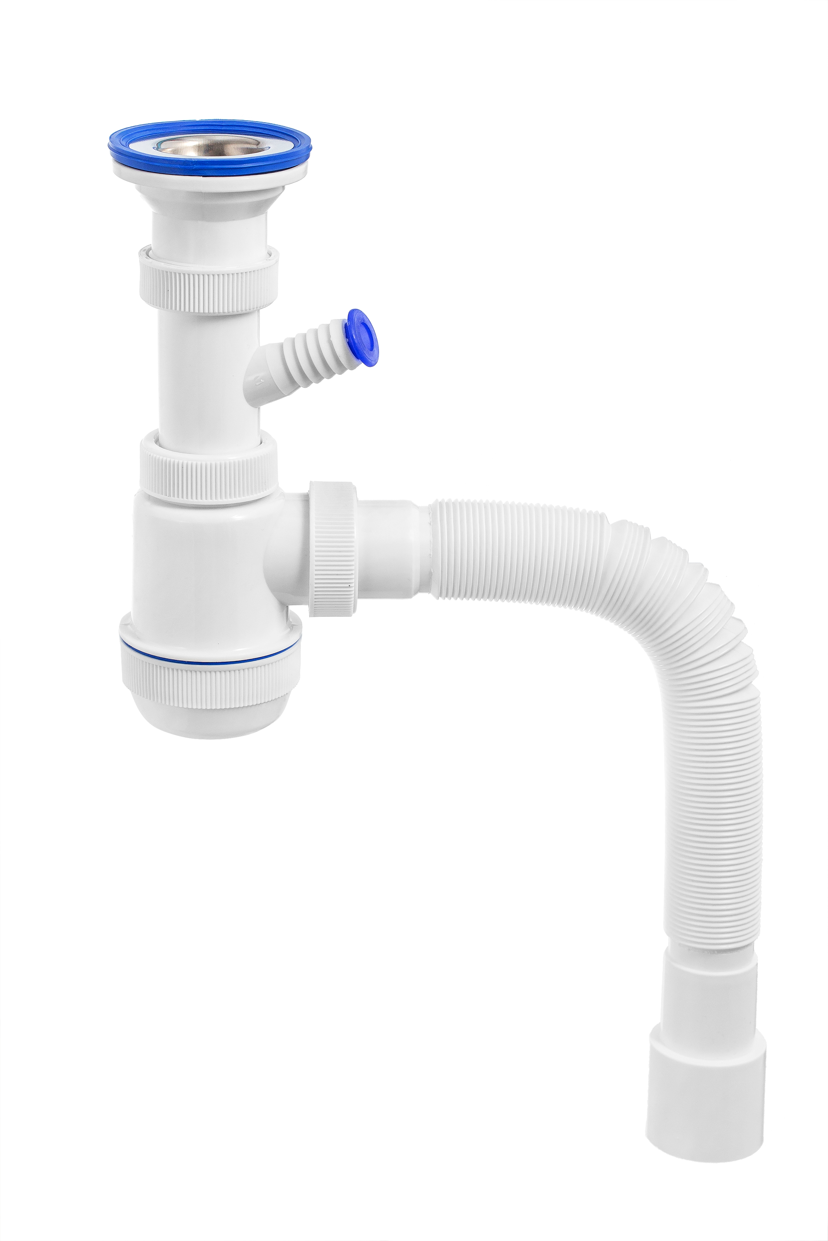 Сифон МИНИ ЭЛИТ для раковин 1'1/2x40/50 мм с нержавеющей чашкой 63 мм с отводом для стиральной или посудомоечной машины и c гофротрубой L800 мм