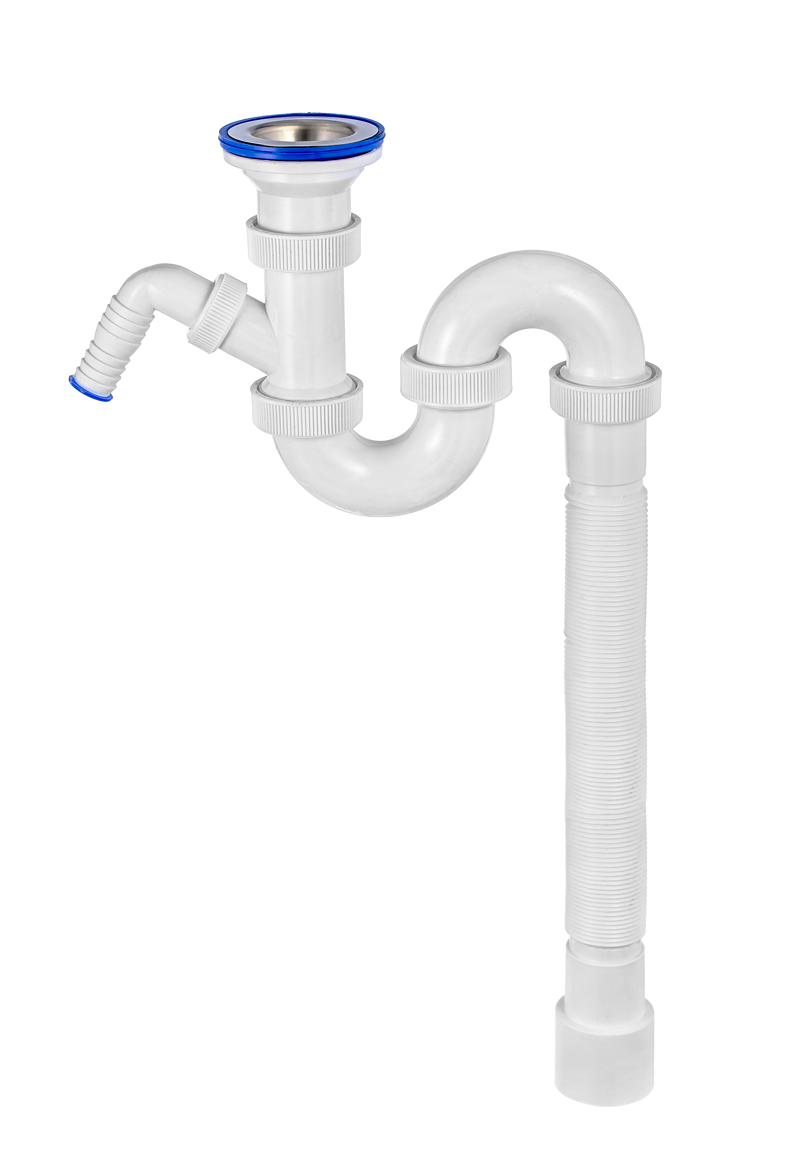 Сифон ТРУБНЫЙ для моек и раковин S-образный прямоточный с нержавеющей чашкой D70 мм c отводом для стиральной или посудомоечной машины c вертикальным сливом и c гофротрубой L800 мм 1'1/2 - 40/50