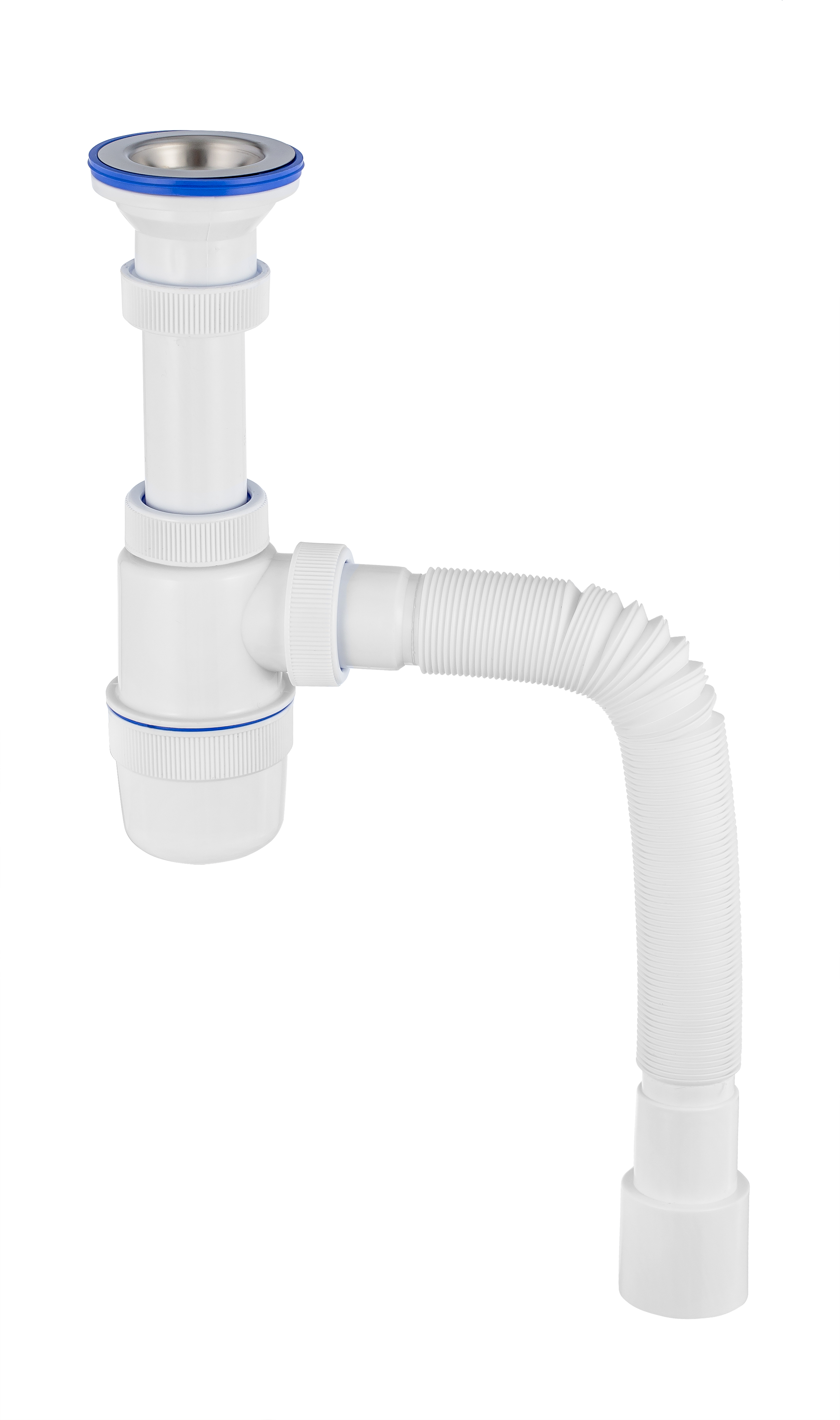 Сифон ЭЛИТ для моек и раковин 1'1/2X40/50 мм с удлиненным выпуском, нержавеющей чашкой 70 мм и гофротрубой L800 мм