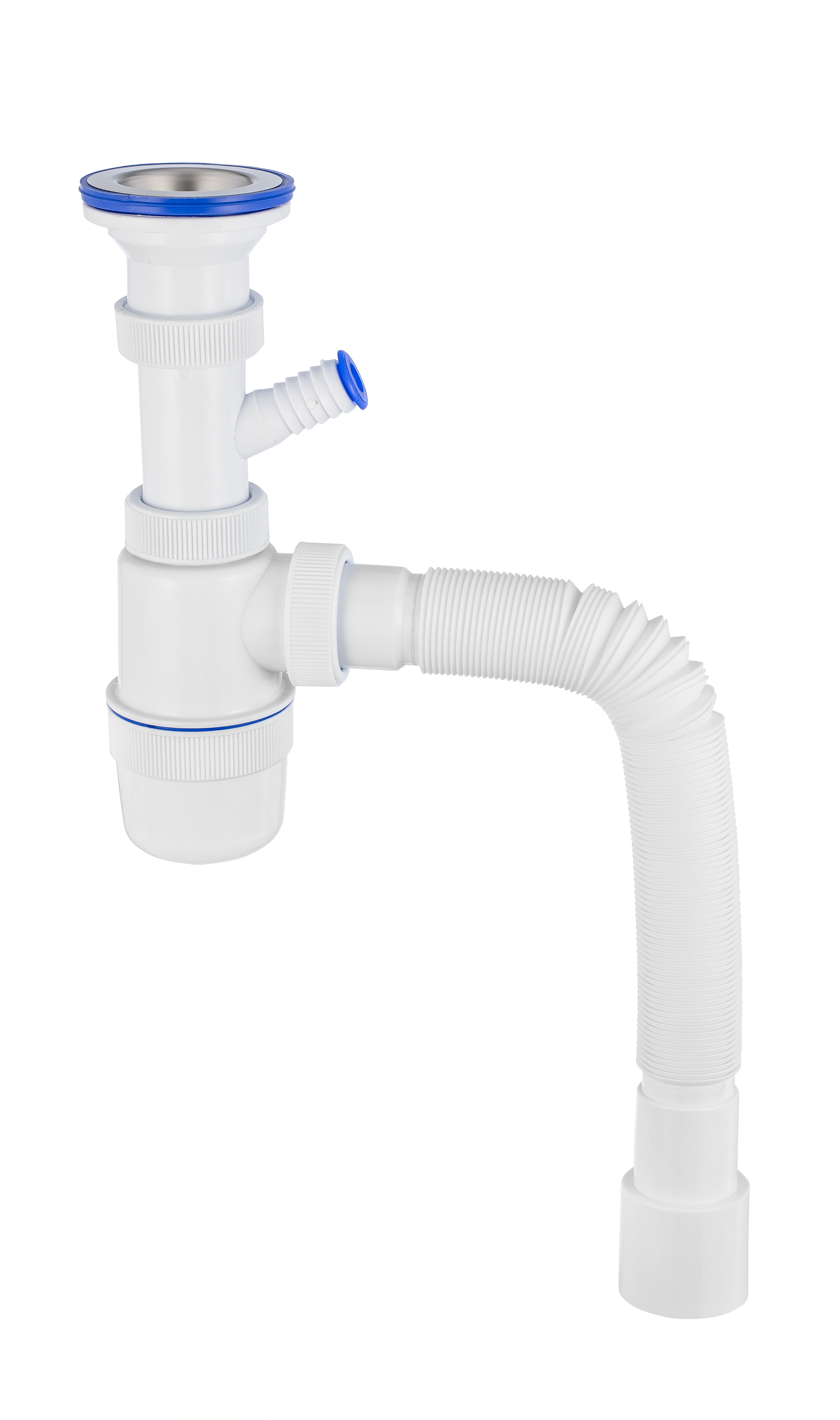 Сифон ЭЛИТ для моек и раковин 1'1/2X40/50 мм с нержавеющей чашкой 70 мм, гофротрубой L800 мм и с отводом для стиральной или посудомоечной машины
