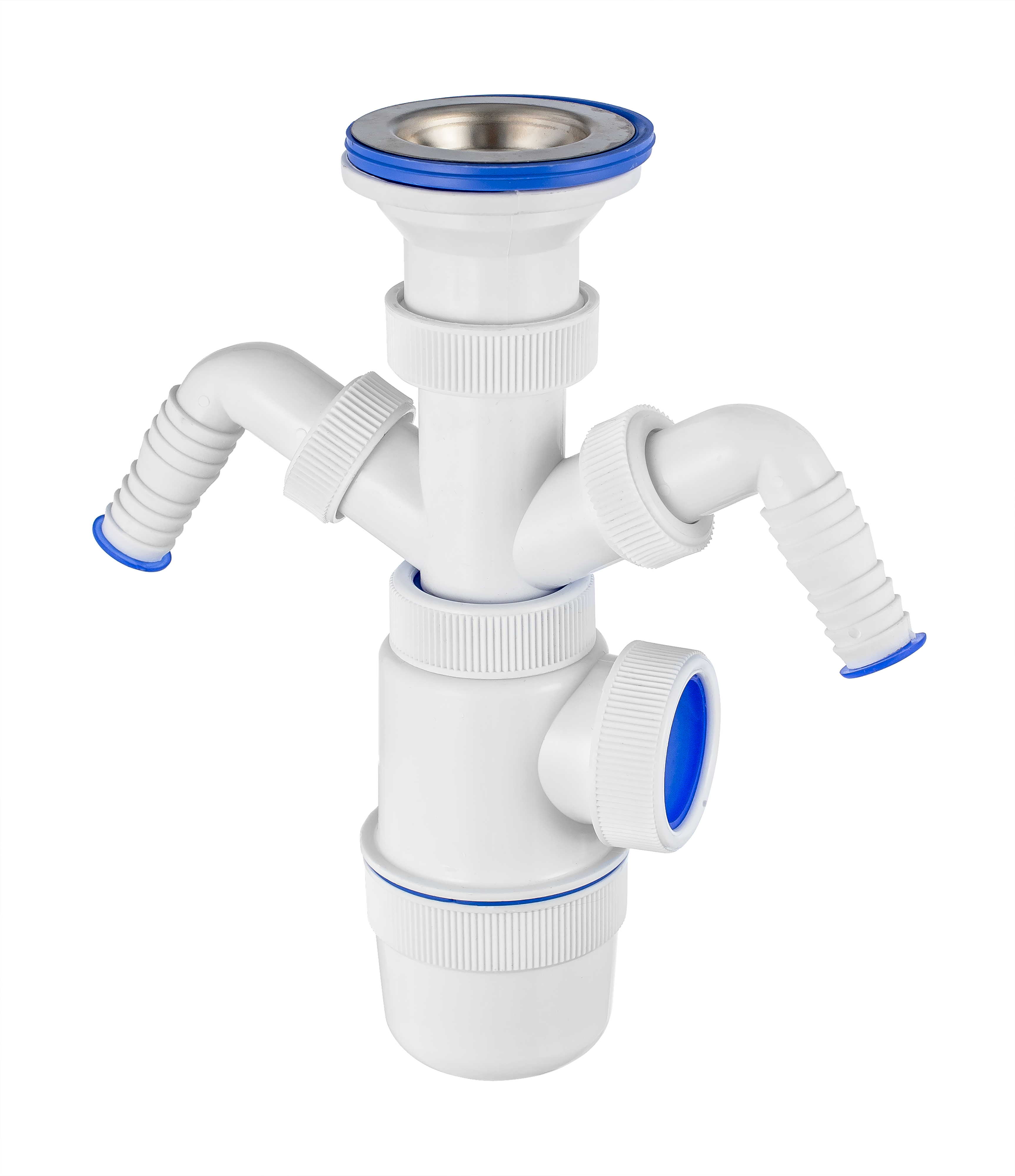 Сифон ЭЛИТ для моек и раковин 1'1/2X40 мм с нержавеющей чашкой 70 мм с двойным отводом для стиральной и посудомоечной машины