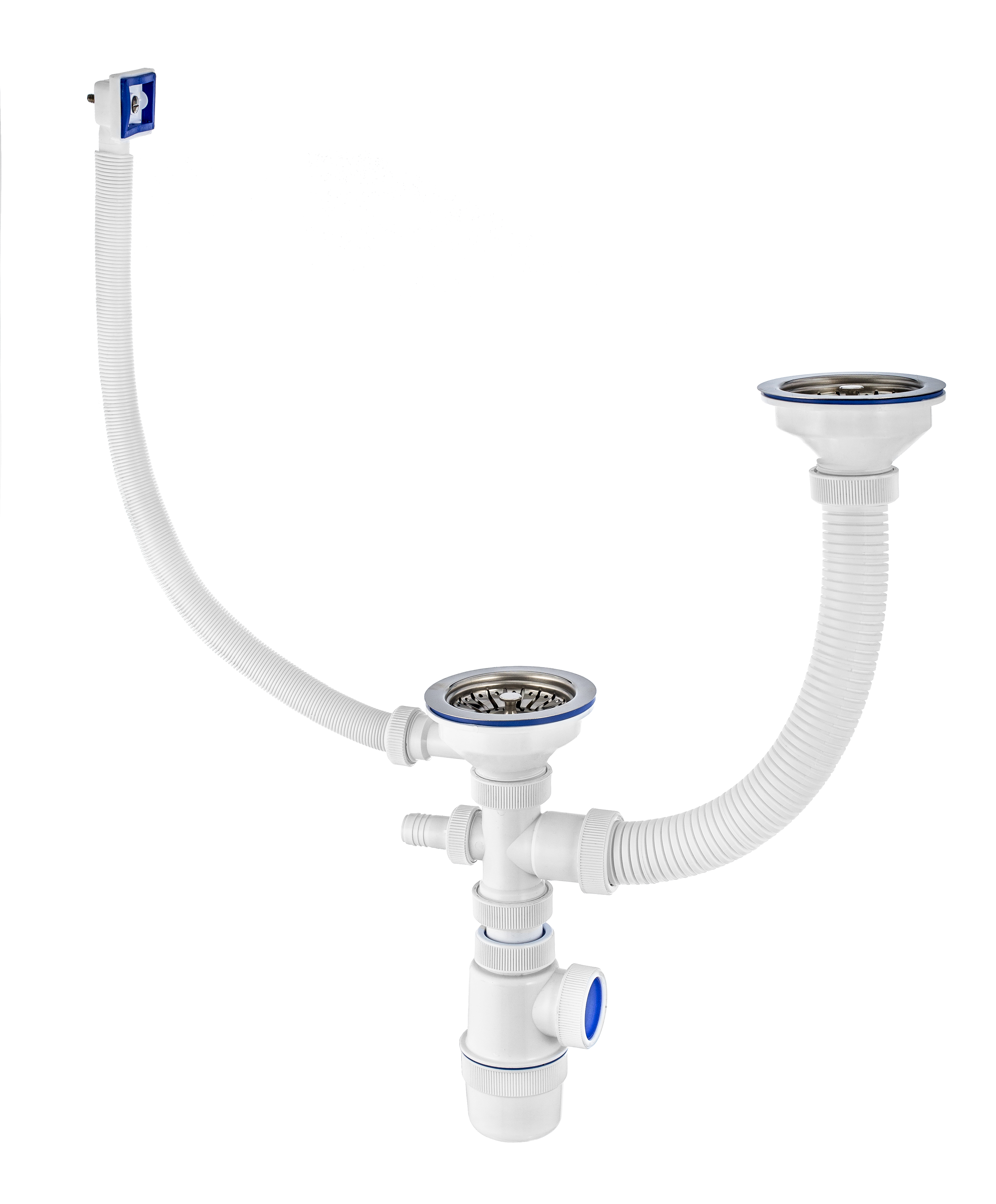 Сифон ЭЛИТ для двойной разноуровневой мойки с нержавеющей чашкой D114 мм с отводом для стиральной или посудомоечной машины и с переливом 3'1/2 - D40