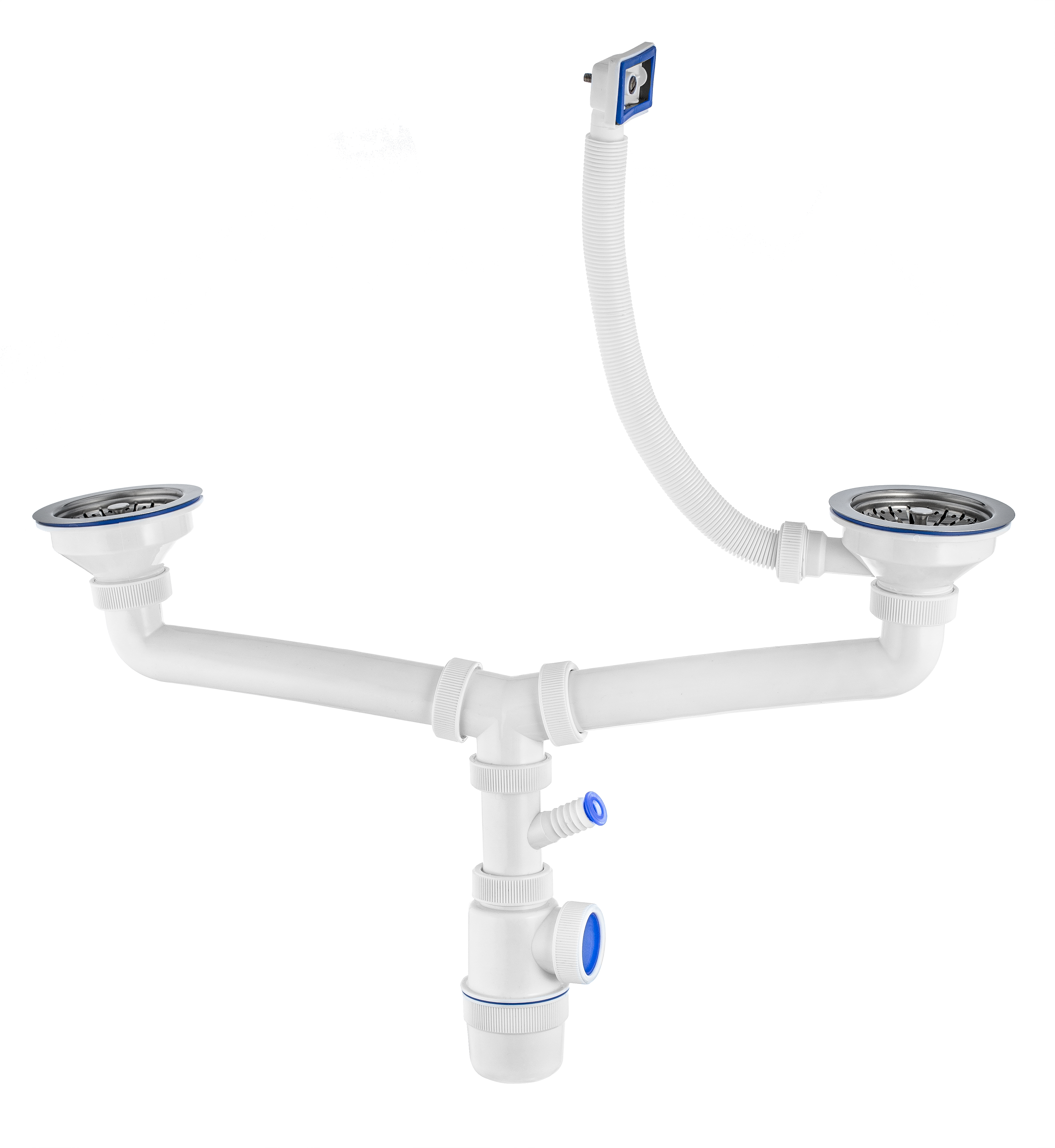 Сифон ЭЛИТ для двойной мойки с нержавеющими чашками D114 мм с отводом для стиральной или посудомоечной машины и с переливом 3'1/2 - D40