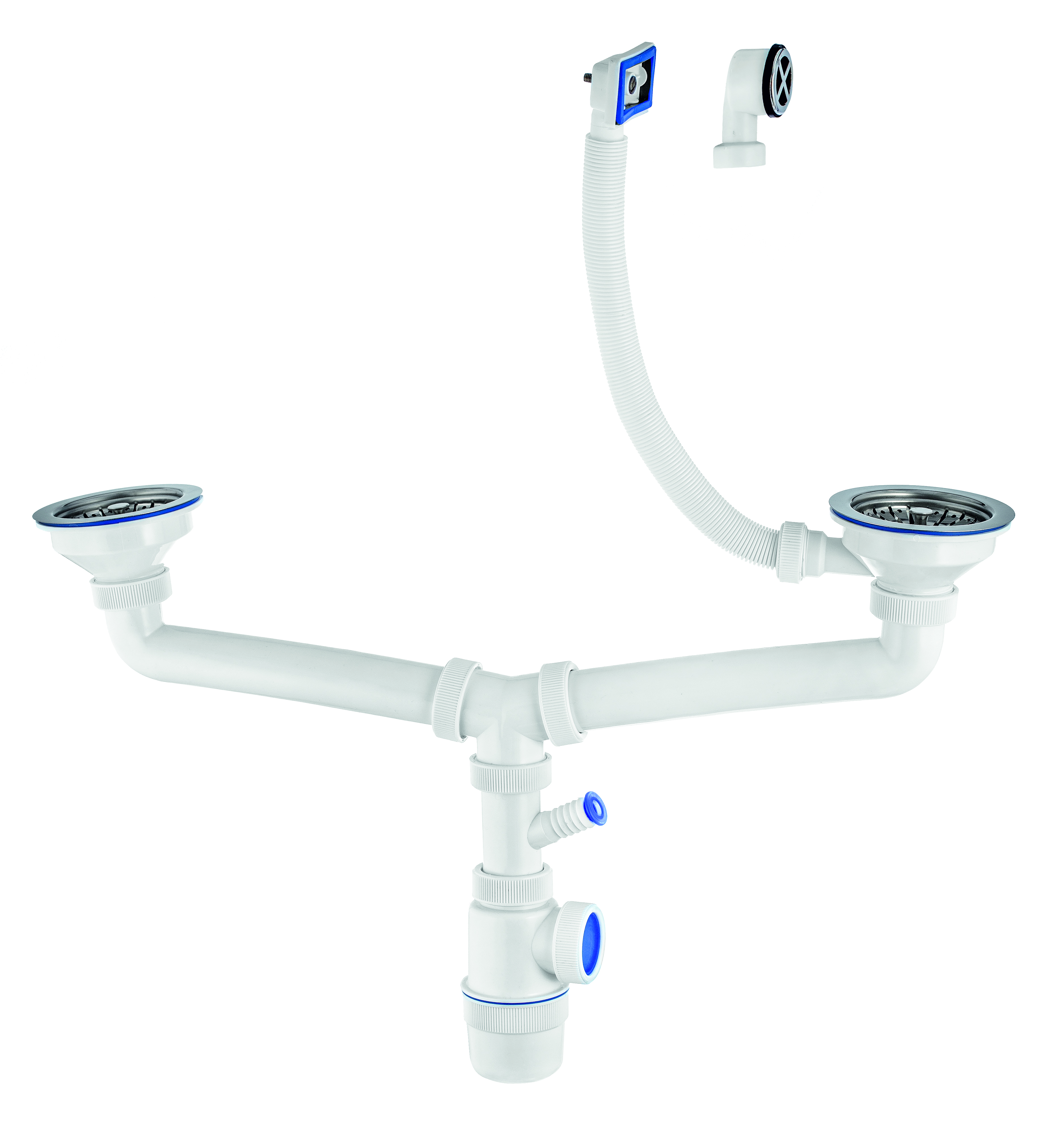 Сифон ЭЛИТ для двойной разноуровневой мойки с нержавеющими чашками D114 мм с отводом для стиральной или посудомоечной машины и с круглым и квадратным переливами 3'1/2 - D40