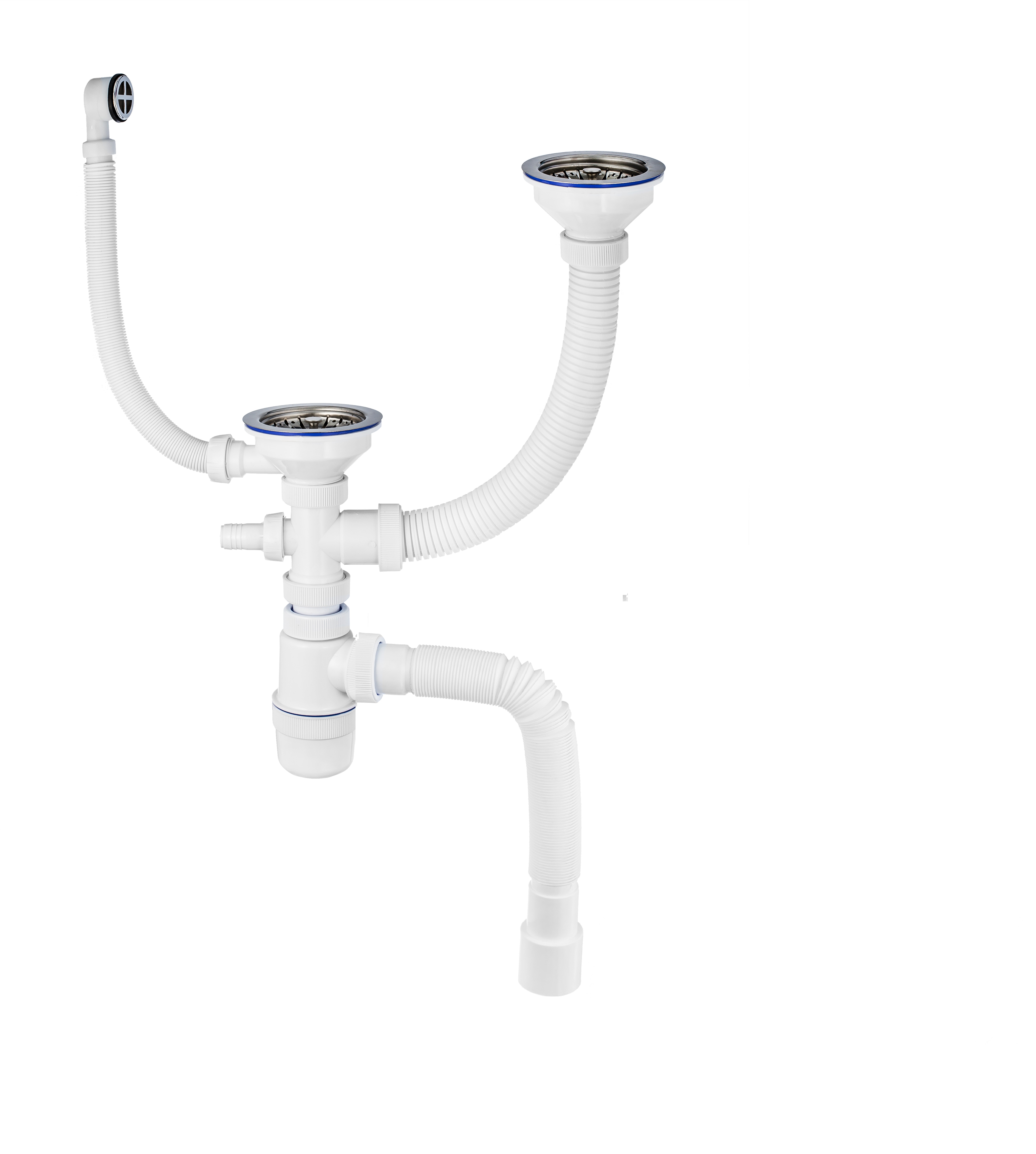 Сифон ЭЛИТ для двойной разноуровневой мойки с нержавеющими чашками D114 мм с отводом для стиральной или посудомоечной машины с круглым переливом 3'1/2 - D40 и с гофротрубой L800 мм