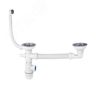 Изображение товара Сифон ЭЛИТ для двойной разноуровневой мойки с нержавеющей чашкой D114 мм отводом для стиральной или посудомоечной машины с круглым переливом и с уголком 3'1/2 - D40 (шт)