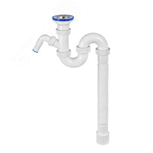 Изображение товара Сифон ТРУБНЫЙ для моек и раковин S-образный прямоточный с нержавеющей чашкой D70 мм c отводом для стиральной или посудомоечной машины c вертикальным сливом и c гофротрубой L800 мм 1'1/2 - 40/50 (шт)