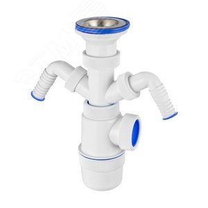 Изображение товара Сифон ЭЛИТ для моек и раковин 1'1/2X40 мм с нержавеющей чашкой 70 мм с двойным отводом для стиральной и посудомоечной машины (шт)