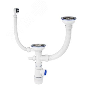 Изображение товара Сифон ЭЛИТ для двойной разноуровневой мойки с нержавеющей чашкой D114 мм с отводом для стиральной или посудомоечной машины и с круглым переливом 3'1/2 - D40 (шт)