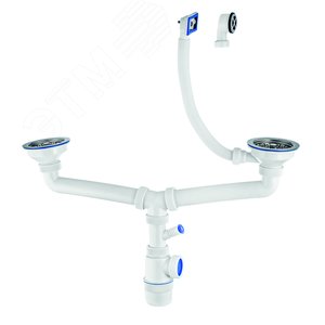 Изображение товара Сифон ЭЛИТ для двойной разноуровневой мойки с нержавеющими чашками D114 мм с отводом для стиральной или посудомоечной машины и с круглым и квадратным переливами 3'1/2 - D40 (шт)