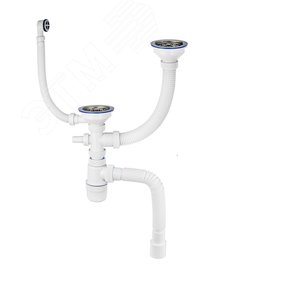 Изображение товара Сифон ЭЛИТ для двойной разноуровневой мойки с нержавеющими чашками D114 мм с отводом для стиральной или посудомоечной машины с круглым переливом 3'1/2 - D40 и с гофротрубой L800 мм (шт)