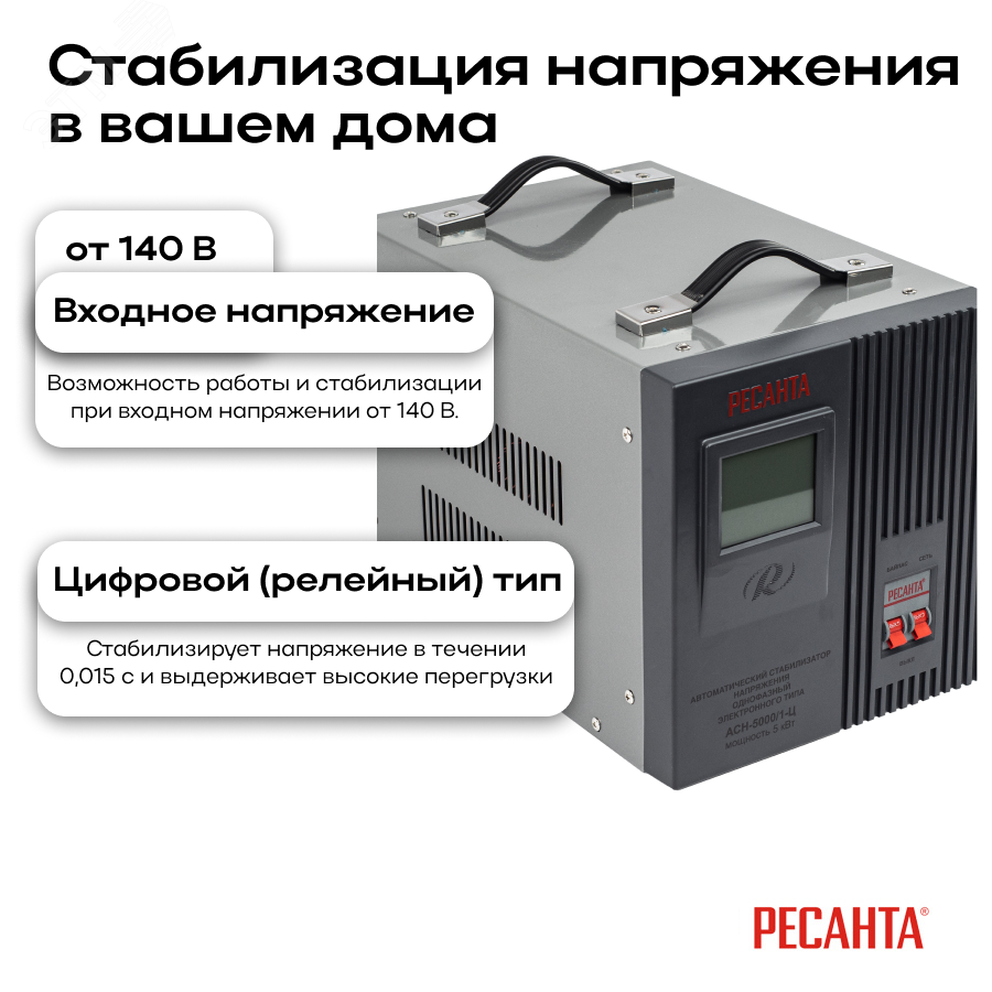 Стабилизатор АСН-5000/1-Ц артикул 63/6/6 Ресанта - купить в Москве и РФ по  цене 10590.00 руб. в интернет-магазине ЭТМ iPRO | характеристики, аналоги,  стоимость