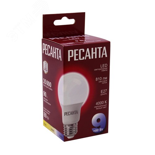 Лампа светодиодная LL-R-A60-9W-230-4K-E27 (груша, 9Вт, нейтр., Е27) Ресанта - фото 2