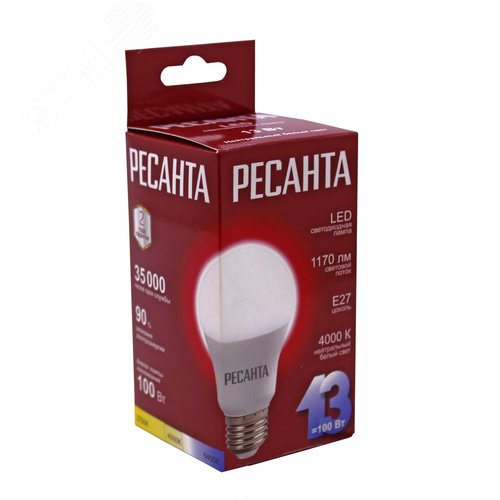 Лампа светодиодная LL-R-A60-13W-230-4K-E27 (груша, 13Вт, нейтр., Е27) Ресанта - фото 2